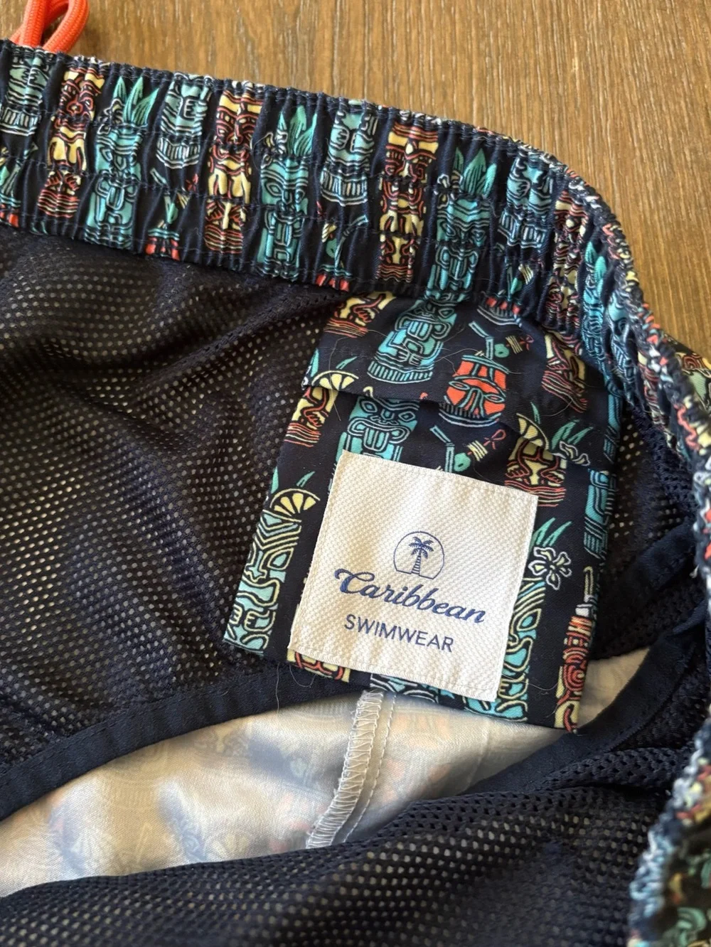 Fun🎉 Caribbean Swimwear Navy Tiki Pattern Swim Trunks with Coral Drawstring 3XL